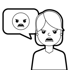 young woman with angry emoticon in speech bubble vector illustration line design