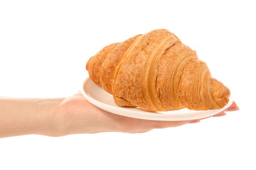 Croissant on a white plate in hand