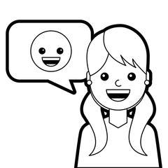 young woman with smile emoticon in speech bubble vector illustration line design