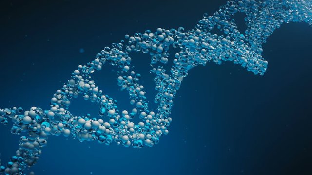 DNA glass cells molecule structure.DNA chain rotation.Blue.Particles.3D rendered animation. Health care medicine needs.Type 3
