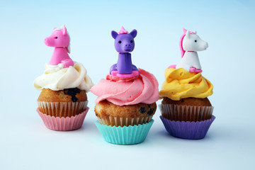 Unicorn cupcakes for a party, birthday or baby shower. bakery dessert concept