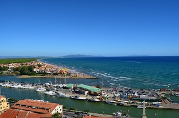 Naklejka na ściany i meble Castiglione della Pescaia, Tuscany, Italy 18 August 2014, 5.00 pm. Panoramic view from the top of the castle hill to the bottom.