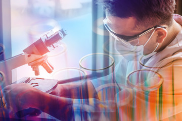 double exposure of scientist or doctor using microscope with science laboratory test tube