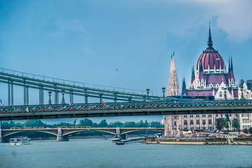 Szechenyi Chain Bridge, a suspension bridge over the Danube river between Buda and Pest, the western and eastern sides of the hungarian capital Budapest, Hungary.