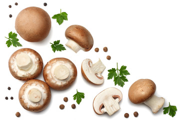 Fresh champignon mushrooms isolated on white background. top view