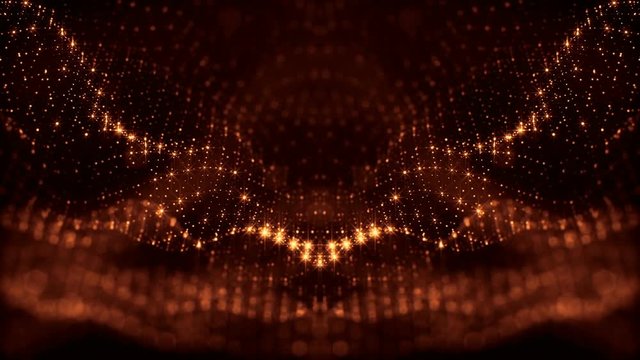 gold loopable abstract particle background with depth of field, glow sparkles of lights and digital elements. Wave particles form lines and lines form curve surfaces like rich pattern. V35