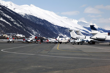 Private jets and planes in the airport of St mORITZ Switzerland