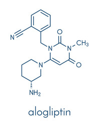 Alogliptin diabetes drug molecule. Belongs to dipeptidyl peptidase 4 (DPP-4) or gliptin class of antidiabetic medicines. Skeletal formula.