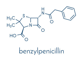 Penicillin G (benzylpenicillin) antibiotic drug molecule. Used to treat bacterial infections; belongs to beta-lactam class. Skeletal formula.