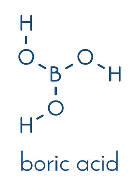 Boric acid molecule. Also known as hydrogen borate, boracic acid, orthoboric acid and acidum boricum. Skeletal formula.