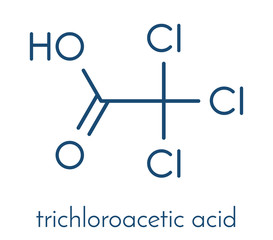 Trichloroacetic acid (TCA) molecule. Used in dermatological treatment of warts and related skin conditions. Skeletal formula.