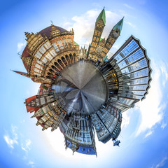 Tiny planet with Skyline of Bremen main market square in the centre of the Hanseatic City, Germany. 360 degree panoramic montage from 27 images