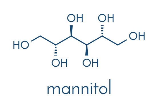 Mannitol (mannite, manna sugar) molecule. Used as sweetener, drug, etc. Skeletal formula.