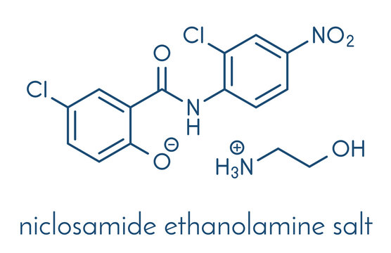 Niclosamide ethanolamine tapeworm drug molecule (anthelmintic). May be useful as antidiabetic drug, acting as a mitochondrial uncoupler. Skeletal formula.