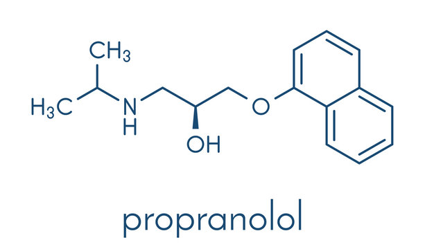 Propranolol high blood pressure drug molecule. Used to treat hypertension, anxiety and panic disorders. Skeletal formula.