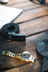 Still-life of the traveler. Clock, camera, map.