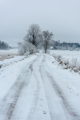 Obraz premium car tire tracks on winter road