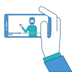 hand holding smartphone with video blogger on screen vector illustration blue and green design