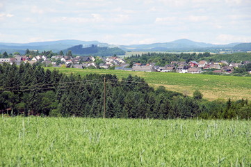 Fototapeta na wymiar Hontheim in der Eifel im Frühling zwischen Wald und Feldern 