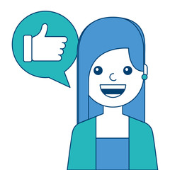 young woman with hand like in speech bubble vector illustration blue and green design