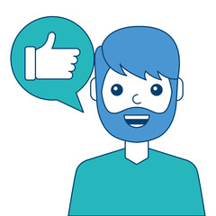 man with hand like in speech bubble vector illustration blue and green design