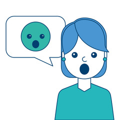 young woman with emoticon surprised in speech bubble vector illustration blue and green design
