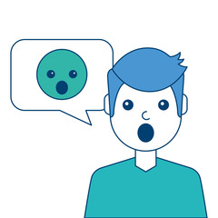man with surprised emoticon in speech bubble vector illustration blue and green design