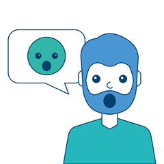 man with surprised emoticon in speech bubble vector illustration blue and green design