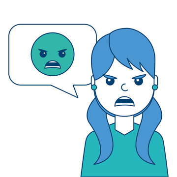 young woman with angry emoticon in speech bubble vector illustration blue and green design