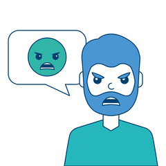 man with angry emoticon in speech bubble vector illustration blue and green design