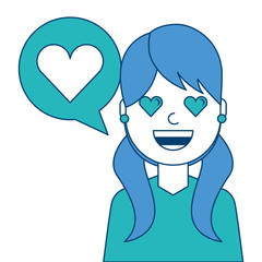 young woman with love heart in speech bubble vector illustration blue and green design