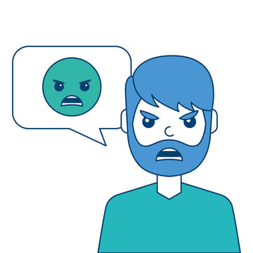 man with angry emoticon in speech bubble vector illustration blue and green design