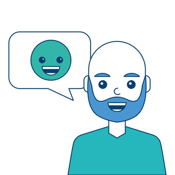 man with smile emoticon in speech bubble vector illustration blue and green design