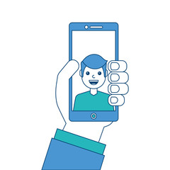 hand holding phone with man on screen talking vector illustration blue and green design