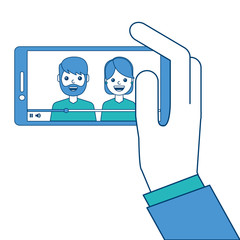 hand holding phone mobile with people video player vector illustration blue and green design