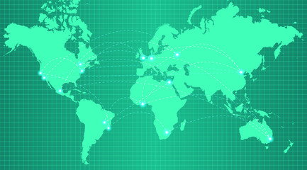Earth map on trendy green gradient background with grid and all major earth continents - Eurasia, North and South America, Africa, Australia and major world cities shown with glowing dots.
