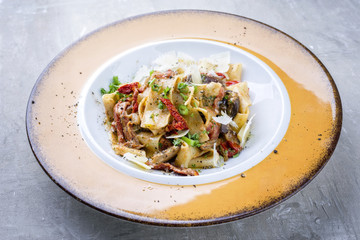 Traditional Italian Pappardelle di pomodoro with mushrooms and parmesan as close-up on a plate