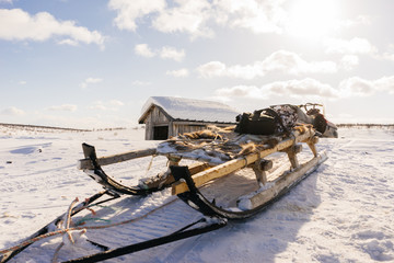small unkempt sleighs against the backdrop of a hunting house - obrazy, fototapety, plakaty