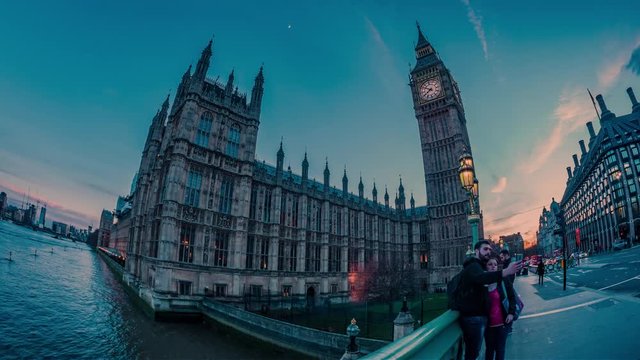 Time lapse view of the Big Ben and part of The House of Parliament in London, transition from sunset to night