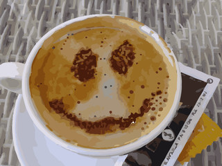 Cup of appetizing coffee with a happy face drawn on the cream and accompanied with sugar sachets.