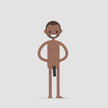 Young black naked character covered with black  rectangles. Censorship. Flat editable vector illustration, clip art