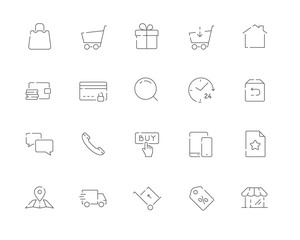 Simple set of E-commerce related vector line web icons. Contains such Icons as Shopping cart, Payment, Search, Delivery, Return, Support and more. Editable Stroke. 48x48 Pixel Perfect.