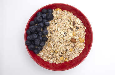 Healthy Breakfast of Organic Muesli and Fresh Blueberries in a Large Red Bowl