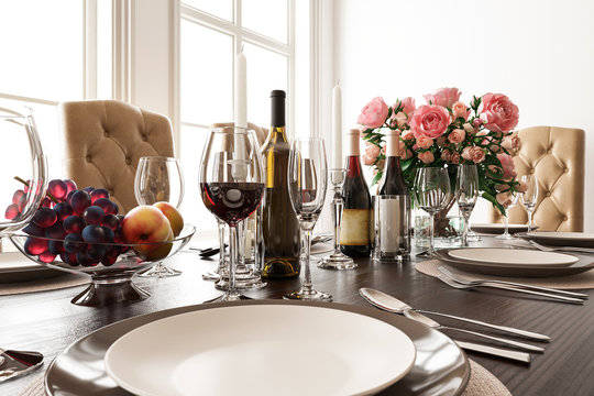 Tableware with Wine Candles and Roses