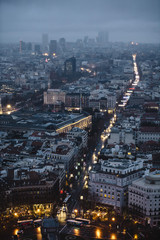 Obraz premium View of Madrid skyscrapers, Spain. Sunset rain