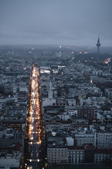 View of Madrid skyscrapers, Spain. Sunset rain