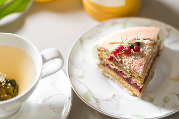 Cup of green tea. top view. Beautiful morning in home. A lot of cake and desserts. Copy space