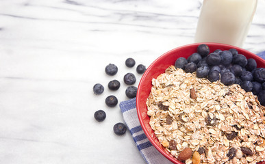 Healthy Breakfast of Organic Muesli and Fresh Blueberries in a Large Red Bowl
