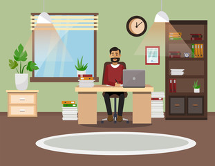 A man is working at a computer in his office. Vector illustration.