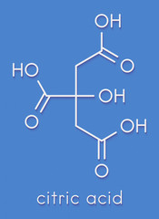 Citric acid molecule. Common fruit acid, used as food additive and for many other purposes. Skeletal formula.